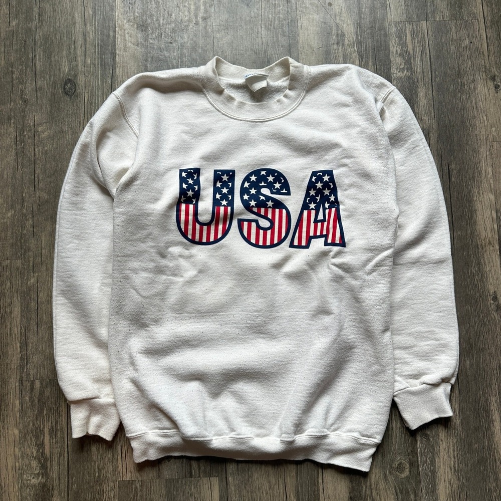 Vtg Port and Company USA Sweatshirt Mens S White Exc Y2K Patriotic Graphic